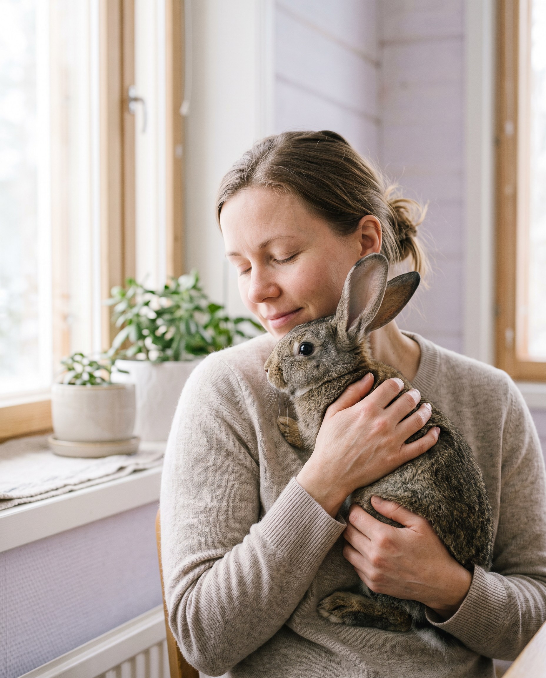 Ihminen pitää kania sylissä ikkunan ääressä